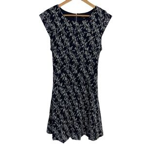 Papillon Stretchy Floral A-Line Dress Sz L Navy Sundress Fitted 90s Y2K Delicate